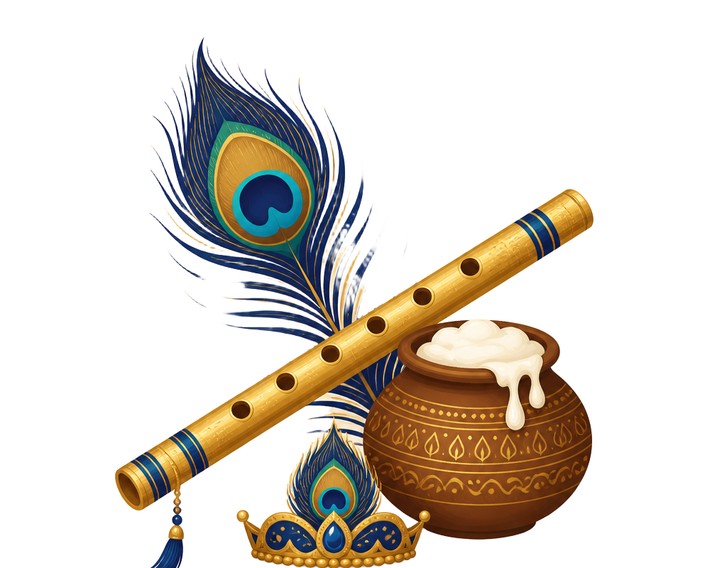 Golden bansuri flute with a peacock feather and a clay matki of butter